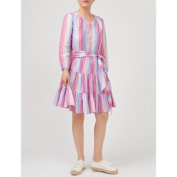 J.CREW BELTED BUTTON UP DRESS IN PASTEL STRIPE DRESS SZ L - Picture 1 of 7